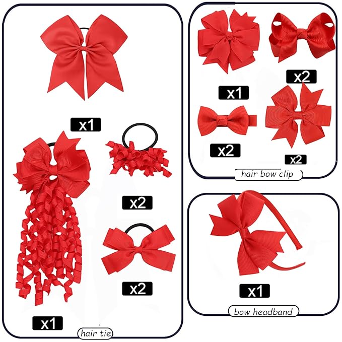 School Hair Accessories Set 14 Pcs Uniform Hair Bow Headband Clips Hair Ties Curly Korker Bows for Little Toddler School Girls (Red)