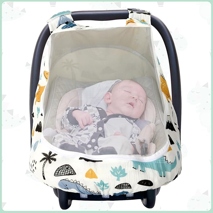 Dinosaurs Carseat Cover Baby Infant Car Seat Canopy Breathable Cotton Extra Large Mesh Window Windproof Newborn Stroller Baby Carrier Cover for Boys and Girls Shower Gifts All Seasons