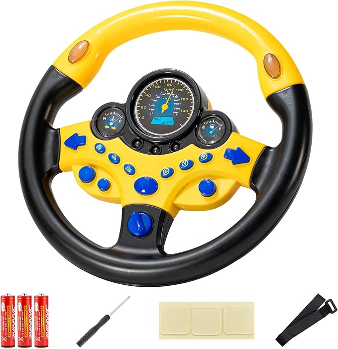 Kids Steering Wheel Toy with Light and Music, Car backseat Simulated Driving Steering Wheel Gifts Toys (yellow)