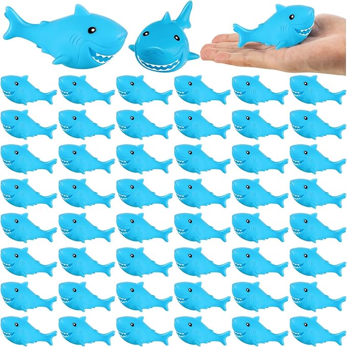 100 Pcs Rubber Sharks for Kids, Blue Shark Bath Toys Cute Floating Squeaky Mini Rubber Sharks for Shower, Classroom Carnival Prizes, Cake Decoration