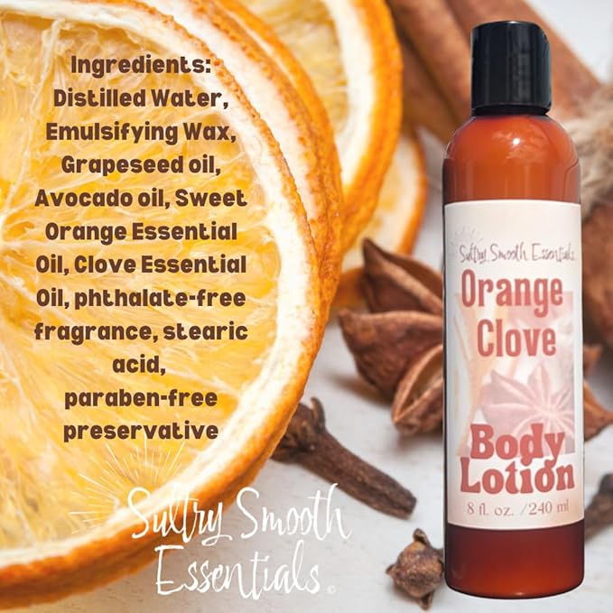 Orange Clove Body Lotion - - Exquisite Comforting Sensual Scent infused with Essential Oils, Avocado & Jojoba Oils for all day Skin Hydration. (4 oz)