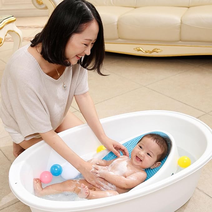 Summer Clean Rinse Baby Bather, Bath Support for Use on The Counter, in The Sink or in The Bathtub, TPE Soft Silicone Baby Bath Seat, Use from Birth Until Sitting Up (Light Blue)