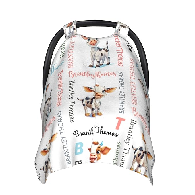 Custom Baby Car Seat Canopy Personalized Car Seat Covers with Name for Baby Boys Girls Customized Cow Nursing Breastfeeding Cover Infant Carseat Canopies Newborn Minky Baby Blanket