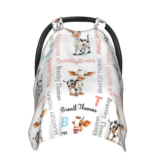 Custom Baby Car Seat Canopy Personalized Car Seat Covers with Name for Baby Boys Girls Customized Cow Nursing Breastfeeding Cover Infant Carseat Canopies Newborn Minky Baby Blanket