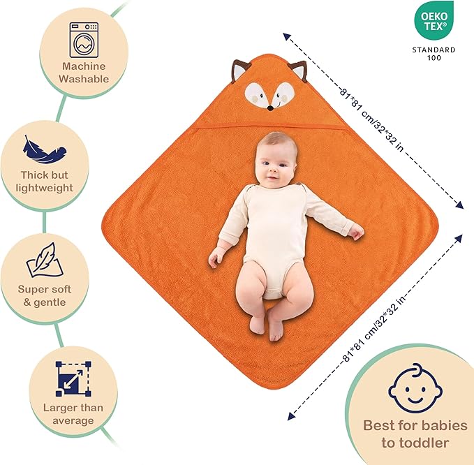 Mother's Choice 100% Organic Cotton Baby Hooded Towel – Ultra-Soft & Absorbent Baby Bath Towels for Newborn with 3D Orange Fox Design