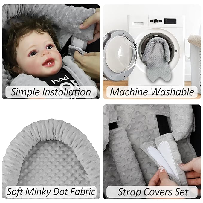Pea Pod Car Seat Head Support Infant Baby Carseat Head Support & Strap Covers for Newborns Ultra Soft Minky Dotted Fabric Infant Car Seat Cushion Perfect for Baby Carseats, Strollers, and Bouncers