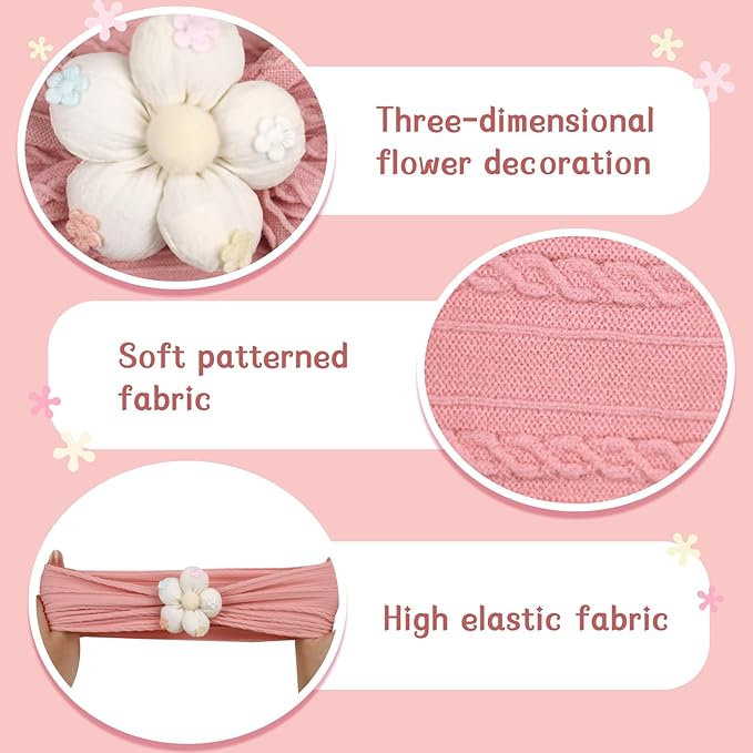 MIUXUESO 3 Piece Baby Girls Flower Headband, Florals Nylon Headband Soft Comfortable Elasticity Hairbands Baby Shower Newborn Essentials for Infant Toddlers (Beige Pink Khaki)