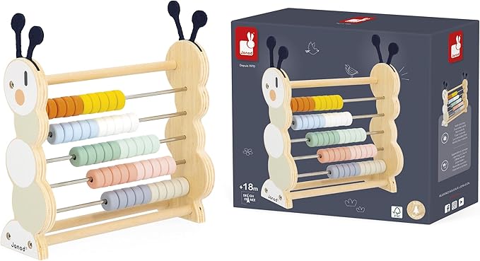 Janod - Wooden Learning Abacus - 50 Coloured Beads - Early Learning Toy - FSC Certified Wood and Water Paint - Develop Fine Motor Skills - From 18 Months - J04014