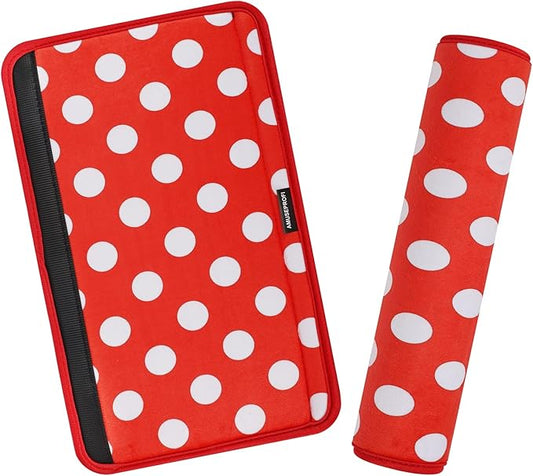 2 Pcs Plush Universal Seat Belt Cover Pad - 2-in-1 Soft Bag Handle Sleeve, Skin-Friendly & Breathable, Machine Washable, Cute Designs for Men Women Kids Car Accessories, Polka Dot, Red