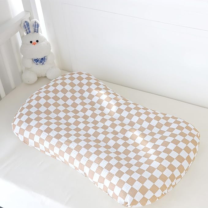 DILIMI Baby Lounger Covers, 2 Pack Muslin Newborn Lounger Cover, Soft Comfortable Removable Infant Pillow Slipcover for Girl and Boy, Beige & Brown Checkered (Lounger not Included)