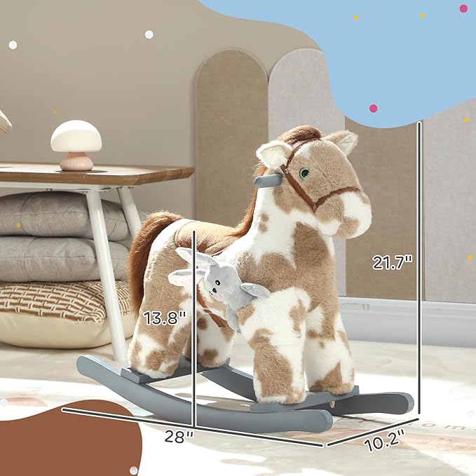 Qaba Rocking Horse, Kids Plush Animal Rocker with Realistic Neighing Sound for Toddlers 2–5 Years Old, Soft Filling Ride on Horse with Rabbit Toy, Light Brown