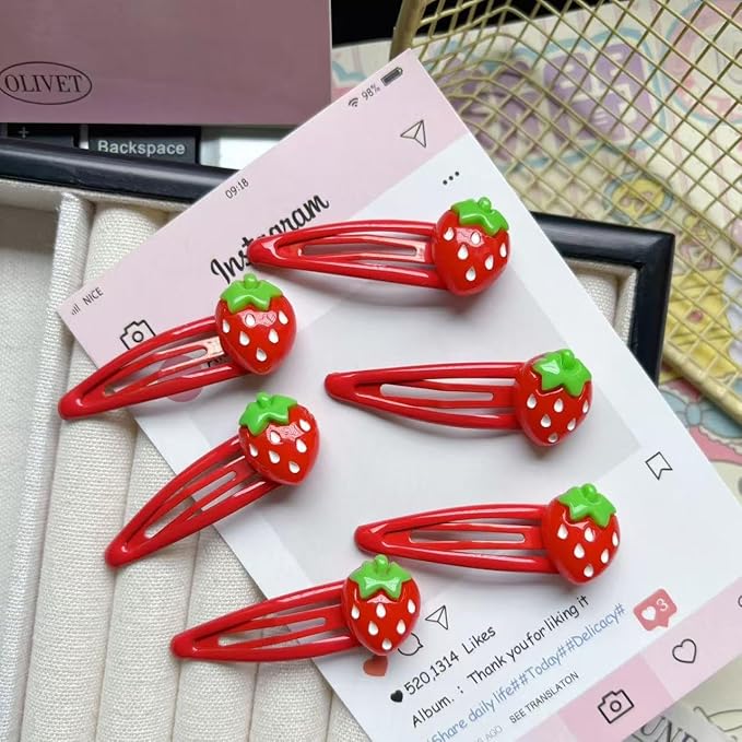 Strawberry Snap Clips Baby Girls Fruit Hair Bow Clips Strawberry Hair Ring Tie BBW24 (6 Pcs-C4)