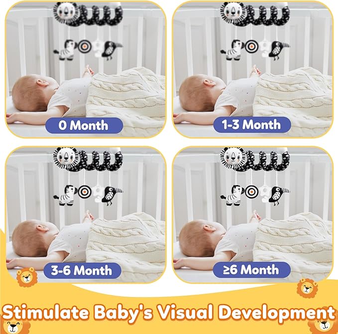GKDOMS Baby Carseat Toy Black & White Rattle Spiral Hanging Activity Stroller Toy for Newborns Boys and Girls - Lion
