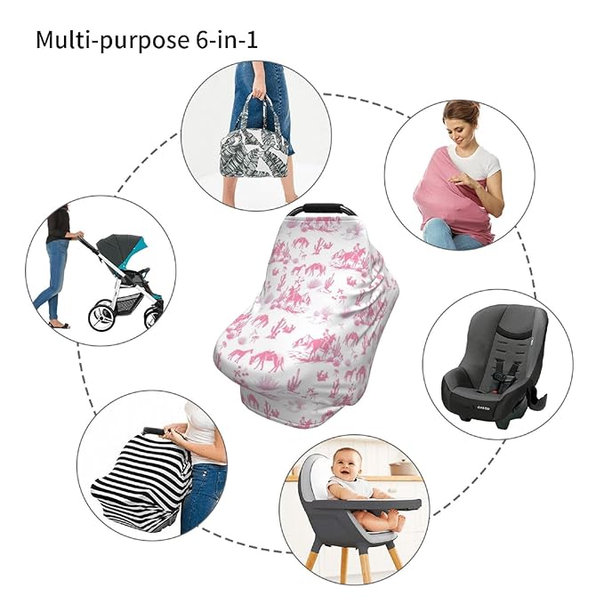 Cowboy Western Pink Baby Stuff Car Seat Cover for Baby Cactus Carseat Covers for Girl Boy Stretchy Soft Breathable Breastfeeding Infant Car Seat Canopy Carrier Cover