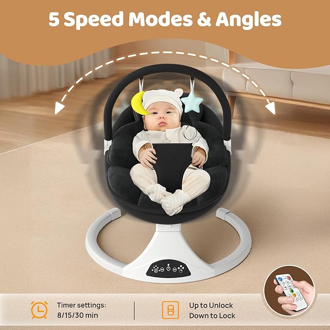 Electric Baby Swing with Remote Control - 5 Natural Motion Speeds, Detachable Seat Pad | Portable Infant Swing for Indoor/Outdoor Use (0-6M, 20lbs) (Black)