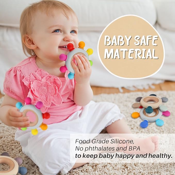 Baby Teething Toys, Silicone Chewable Teethers with Wooden Ring for Soothing Babies Gums, Rudder Chewers Shower Gift for lnfants & Toddlers, 3+ Months (8 Directions, Rainbow)
