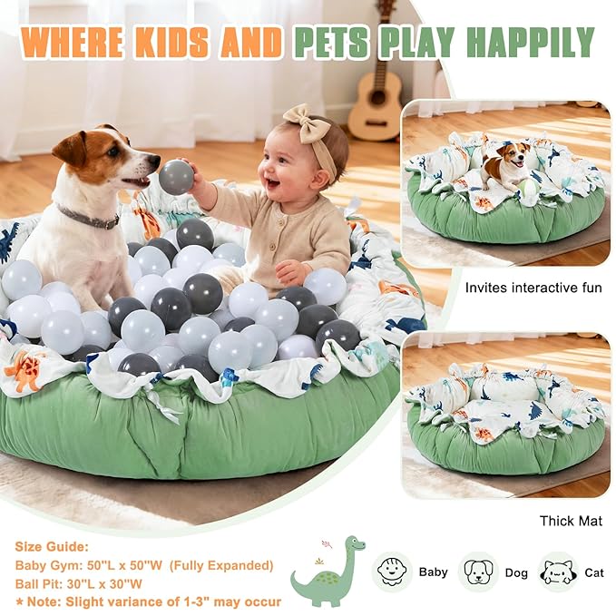 5-in-1 Baby Gym Play Mat with Cartoon Pattern, Extra Thick Plush Tummy Time Activity Gym with Hanging Toys, Sensory Development & Motor Skills Training Floor Mat, Dinosaur