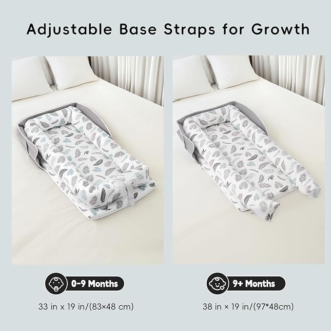 Portable Baby Lounger, Soft Baby Nest Cover Breathable Cotton Fabric, Adjustable Infant Lounger for Baby, Adjustable Size and Strong Zipper, Extended Space for Newborn 0-24 Months, Leaf