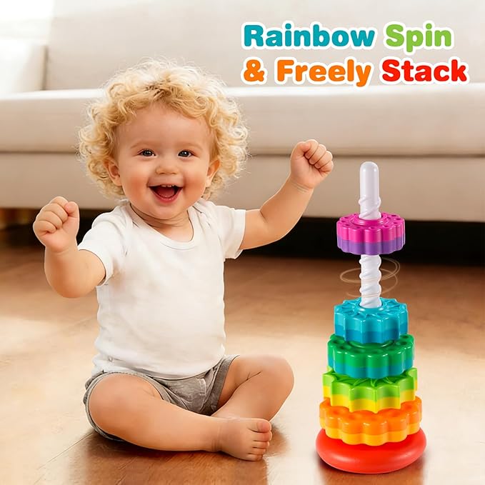 Baby Spinning Stacking Toys Sensory Toys for Toddlers 1-3, Rainbow Ring Spin Montessori Toys for Babies 6-12 Months, Autism Learning Toy for 1 2 3 One Year Old Girl Boy Christmas Birthday Gifts