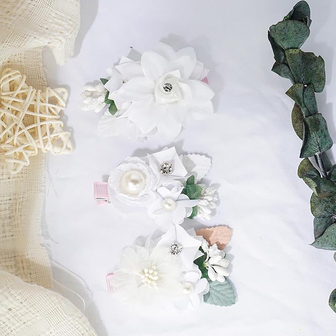 3pcs Girls Flower Hair Clips, Floral Hair Barrettes w/Boutique Fully Lined Alligator, Hair Bows for Baby Newborn Toddler