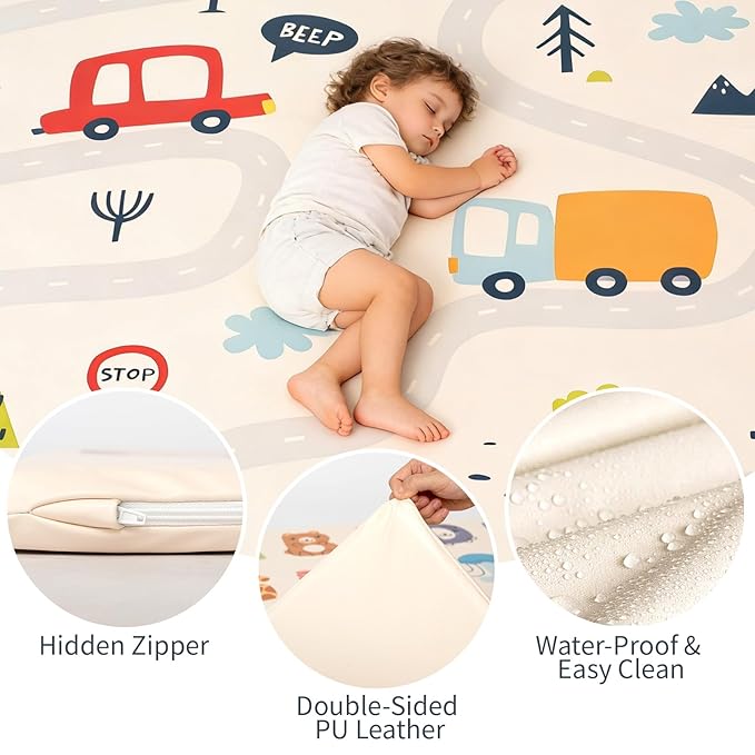 1.3" Thick Baby Play Mat for Floor，50x50 PU Leather Playpen Mat for Toddlers Infant Kids,Ultra Soft Support Cushioned & Waterproof Playmat for Baby Girls and Boys Play on Floor/Car Pattern