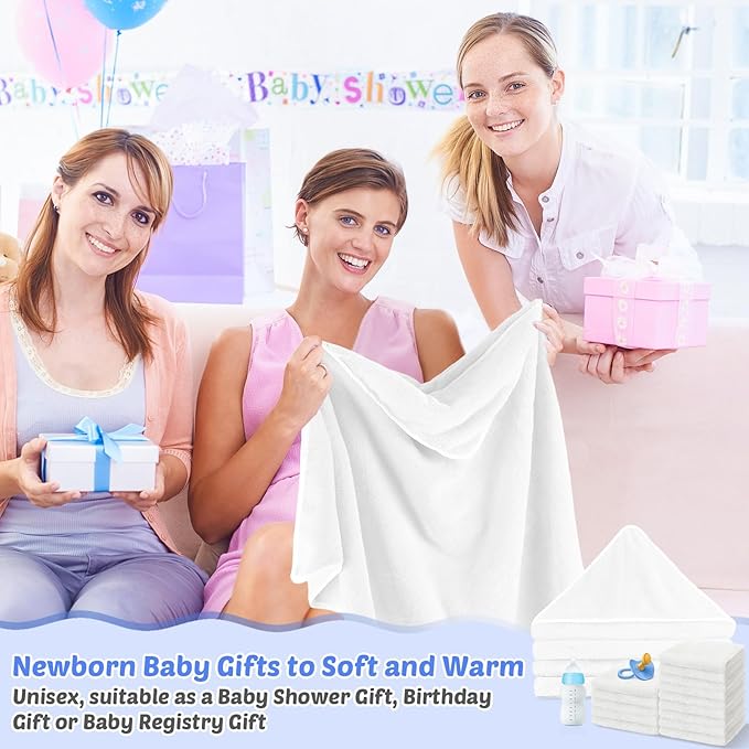 Buryeah 5 Pcs Baby Bath Towel and 15 Count Baby Washcloths Sets, Hooded Towels for Newborns Infants and Toddlers Soft Coral Fleece Toddler for Newborn Boy Girl(White)