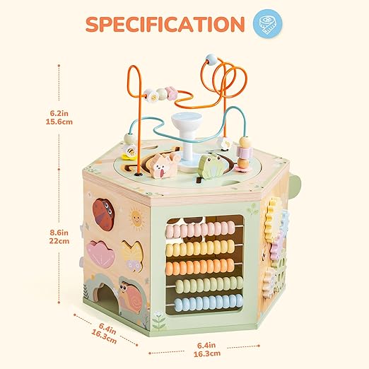 ROBUD Wooden Activity Cube, Montessori Toys for 1+ Year Old, Educational Toy with 13 Functional Areas, Fountain Garden Theme for Baby Boys & Girls