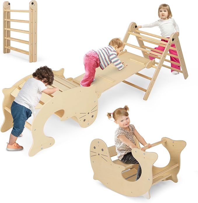 HONEY JOY 7 in 1 Climbing Toys for Toddlers, Wood Triangle Climber w/Ramp for Sliding or Climbing, Rocker, Foldable Montessori Triangle Climbing Arch Set for Daycare, Gym & Playground, Natural