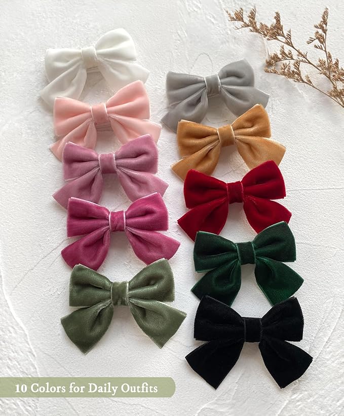 Cherssy Velvet Hair Bow Clips for Little Girls, 10pcs Boutique Fully Lined Hair Barrettes Accessories for Baby Infants Toddlers School Girls