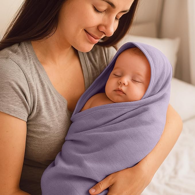 Preboun 4 Pcs Muslin Hooded Baby Towels,32"x 32" Cotton Newborn Bath Towel Muslin Infant Baby Blankets Absorbent Unisex Newborn Registry Gift for Girls Boys(Purple Series)