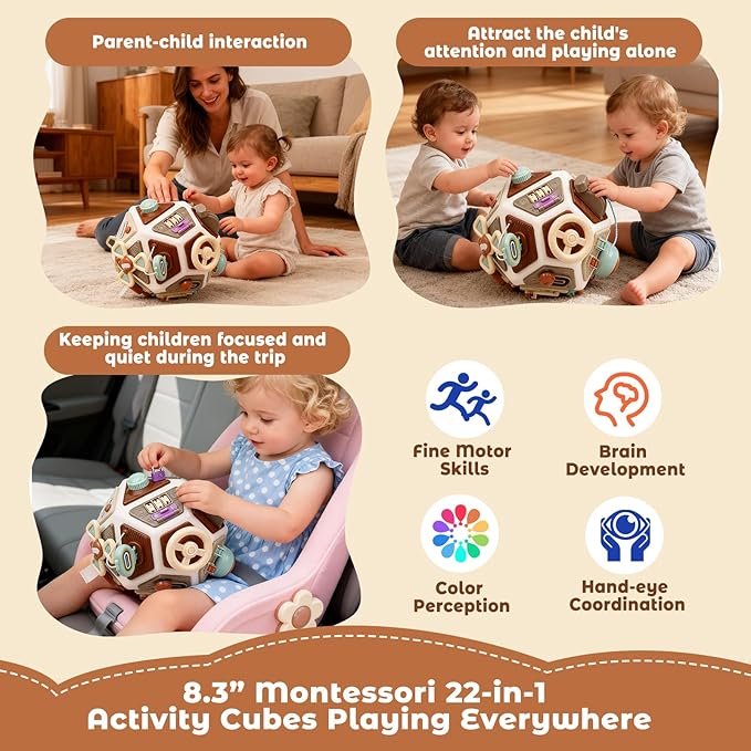22-in-1 Baby Activity Cube,Montessori Sensory Toy Toddler 1-3, Kid Education Learning Activity Toys, Early Educational Birthday Gift for 1 2 Year Olds Boy Girl (Muticolor)
