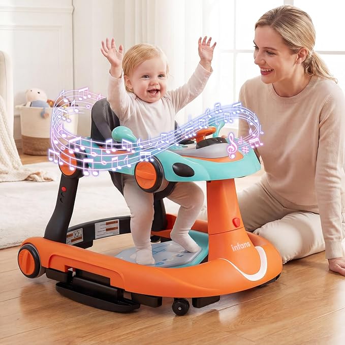 INFANS 6-in-1 Foldable Baby Walker, Converts Push Car to Bouncer, Rocker with Music, Lights, Adjustable Height & Speed, Activity Center, Canopy for 7-18 Months (Orange)