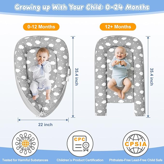 Baby Lounger for Newborn,0-12 Months,Soft Infant Lounger Pillow for Home and Travel, Baby Protable Nest Lounger with Cover,Multi-Use Baby Lounger for Supervised Play&Tummy Time(Cloud)