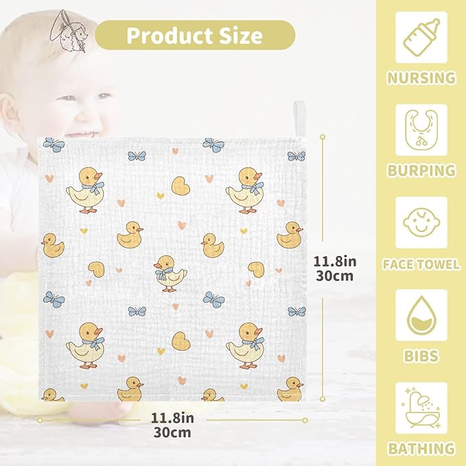 vvfelixl Baby Muslin Washcloths Duck with Ribbon Baby Burp Cloths Cotton Babys Face Towel for Newborn Infants Boys Girls Soft and Absorbent 11.8 X 11.8 in, 3 Pack