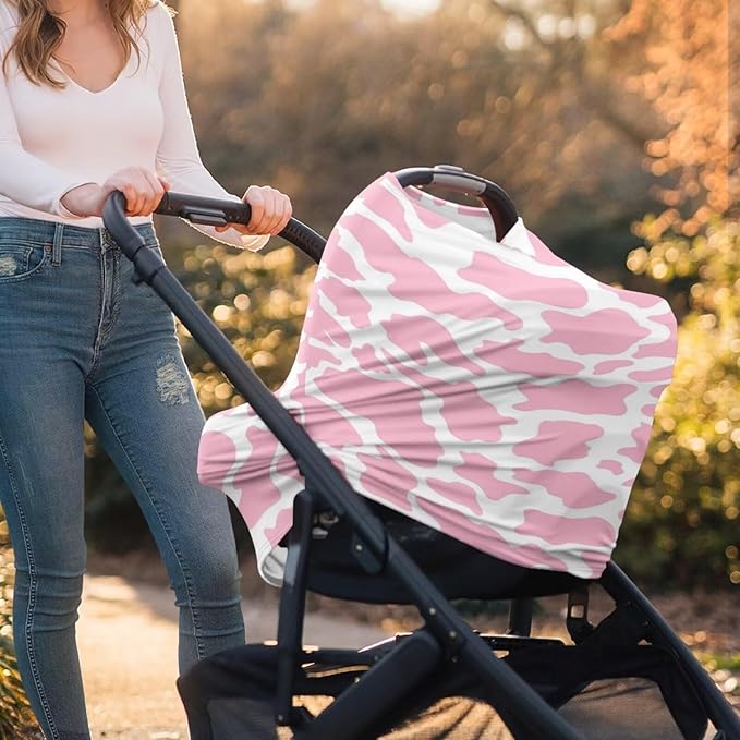 Pink Cow Print Car Seat Covers Baby Multi-use Breathable Nursing Cover,High Stretchy Infant Carseat Canopy Stroller Cover,Car Seat Covers for Bbies, Boys & Girls