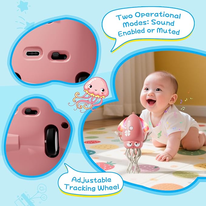 Crawling Dancing Octopus Toy for Kids – Rechargeable Interactive Sensory Toy with LED Lights & Music,Fun Tummy Time Gift for Birthdays & Holidays (Pink)