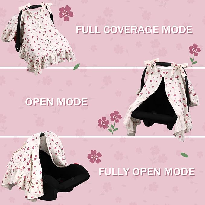 Tegeme Flower Muslin Car Seat Cover for Baby Girls Boys, Breathable Lightweight Infant Nursing Carseat Canopy Breastfeeding Cover Multi-use Carriers for Spring Summer Stroller Sun Shade