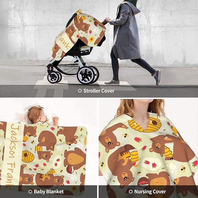 Personalized Baby Car Seat Cover Canopy with Name for Girls Boys Custom Bear Baby Carrier Covers