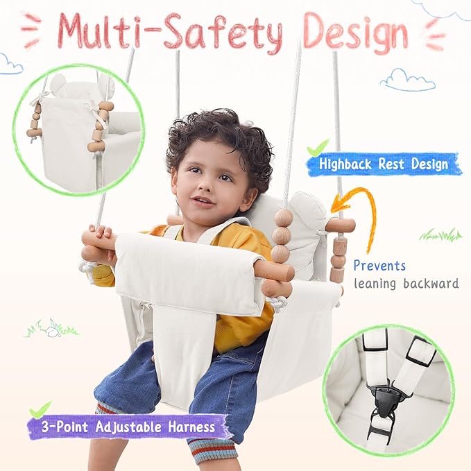 Baby Swing Indoor Outdoor,Secure Canvas Wooden Toddler Swing Seat, 3-Point Adjustable Safety Harness,Mounting Hardware Included,Gift for Boys and Girls,Beige