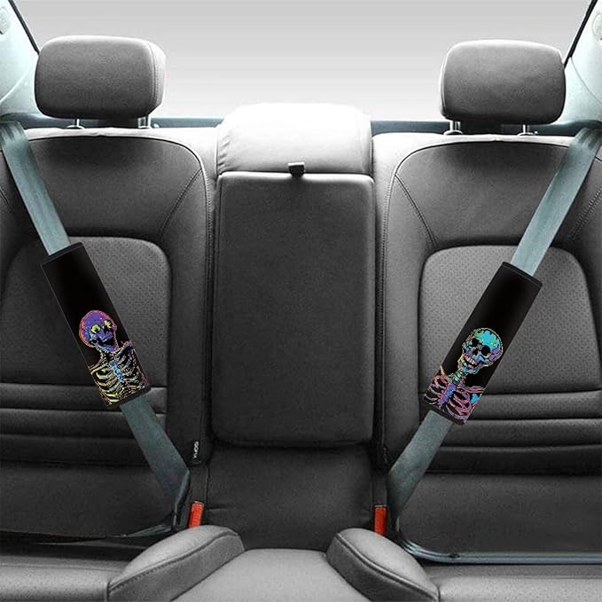 Biyejit Funny Skull Universal Car Seat Belt Pads Cover, Halloween Safety Seat Belt Comfortable Shoulder Pads for Adults and Children 2 Packs