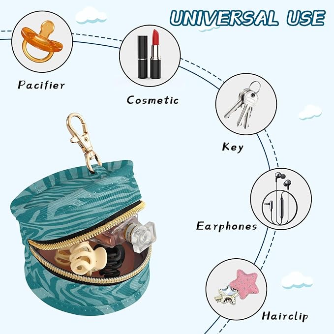Pacifier Holder with Clip Pacifier Case for Diaper Bag Round Baby Pacifier Pouch Box Bag Portable Teal Zebra Print