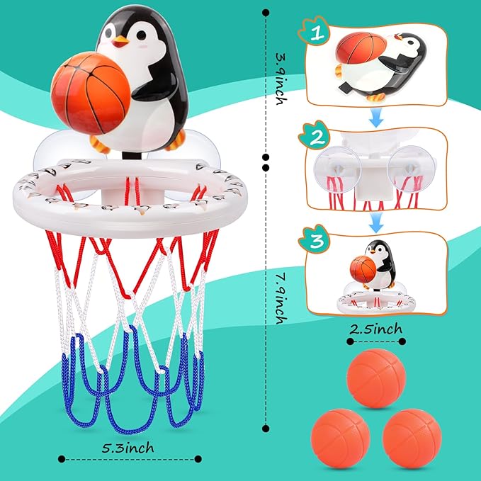 Bath Toys, Bathtub Basketball Hoop for Toddler Kids, 3 Soft No Hole Balls & Bath Basketball Hoop with Strong Suction Cup, Black & White Penguin Baby Shower Bath Toys Set for Boys and Girls