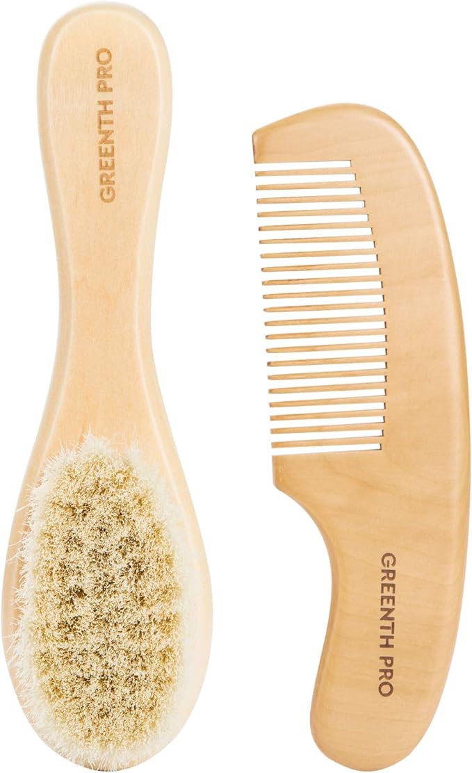 GREENTH PRO Baby Hair Bush and Comb Set -Nature Lotus Wood with Soft Goat Bristle and Pear Wood Comb for Newborns & Toddlers, Ideal for Cradle Cap
