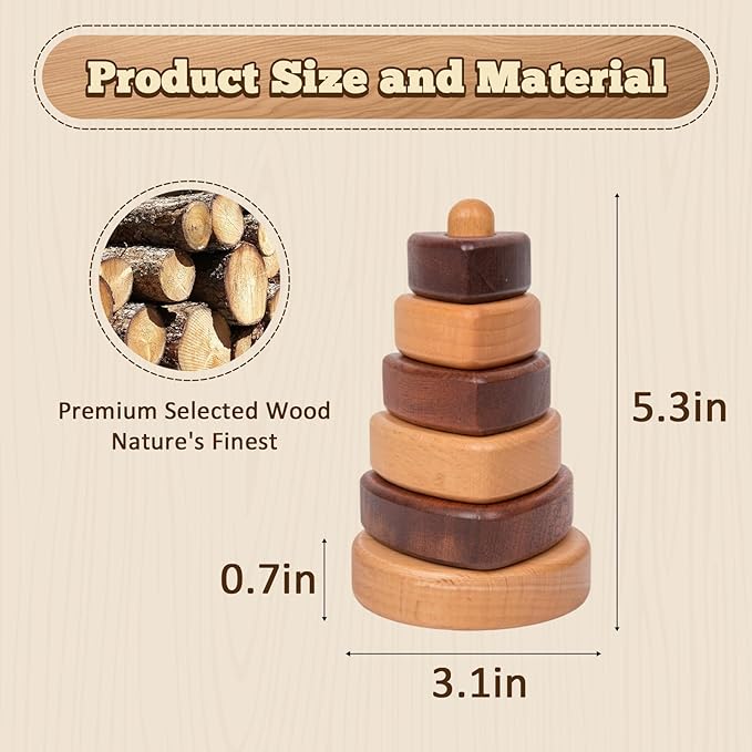 Adena Montessori Ring Natural Wood-Colored Wooden Stacking Toy,Montessori Geometric Stacker Wooden Educational Toy,Baby and Toddler Ages 12+ Months Shape Sorter and Stacking Tower for Babies(Triangle)
