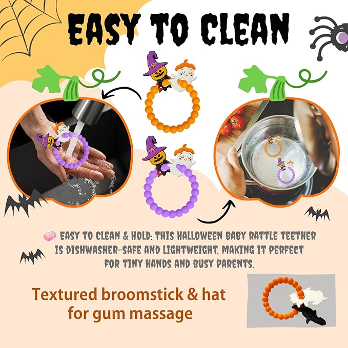 BIGSPINACH Halloween Teething Ring, Silicone Baby Teether with Witch and Cat Design, BPA-Free Infant Teething Toy, Easy to Hold,Safe for Babies and Toddlers (Colorful, Spooky Scarecrow) 2PC