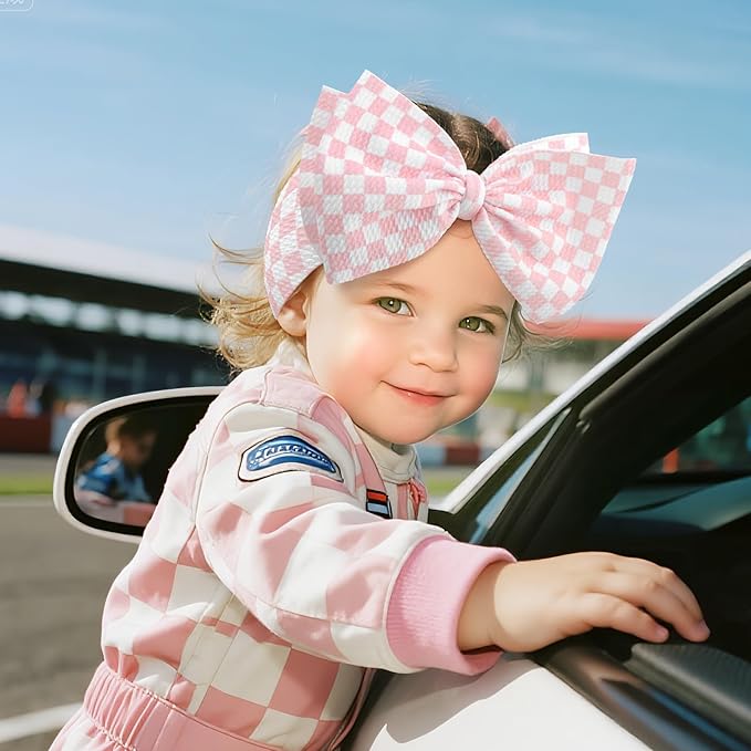 YanJie 7’’ Pink Checkered Bow for Baby Girl Racing Bows Plaid Headbands for Newborns Infants Toddlers Two Fast Birthday Girls Hair Accessories