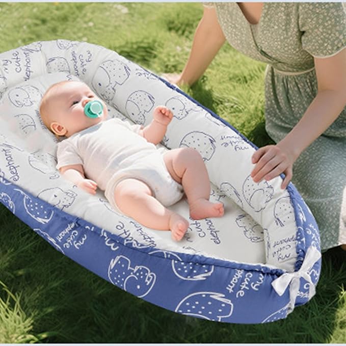Baby Lounger for Newborn (0-24 Months) - 100% Cotton Baby Nest with Handles, 2-in-1 Play Mat & Diaper Changing Pad, Portable for Home & Travel, Infant Essentials Gifts (Elephant Blue)