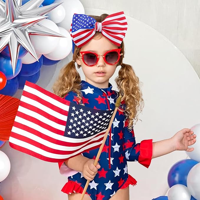 Patriotic Hairband - American Flag Headband with Red, White and Blue Nylon Bows for Baby Girls, Toddlers - Fourth of July Accessories