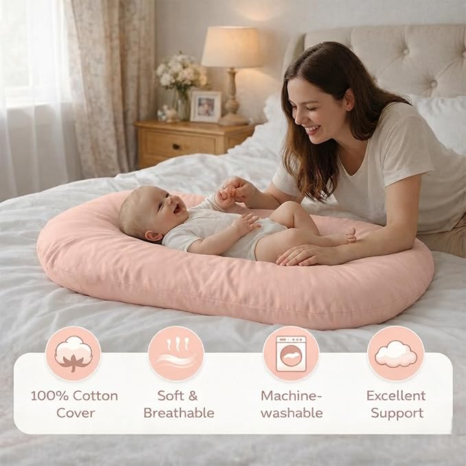 Baby Lounger for Newborn,Baby Nest for Newborn Soft Cotton Breathable for Playtime & Relaxation,Flat Babies Essentials Gifts Newborn Lounger for Boys & Girls 0-12 Months(Pink Bean)