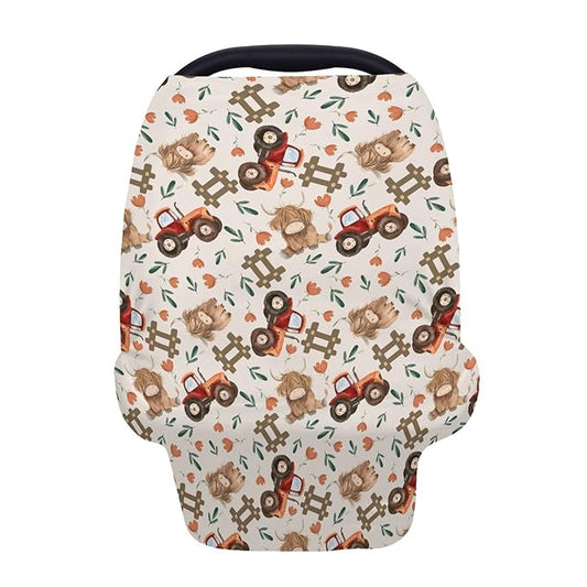 5-in-1 Unisex Farm Animals Floral Pattern Baby Carseat Stroller Cover for Boys Girls, Highland Cow Flower Tractor Infant Toddler Privacy Nursing Breastfeeding Canopy, Grocery Shopping Cart Cover-24x28